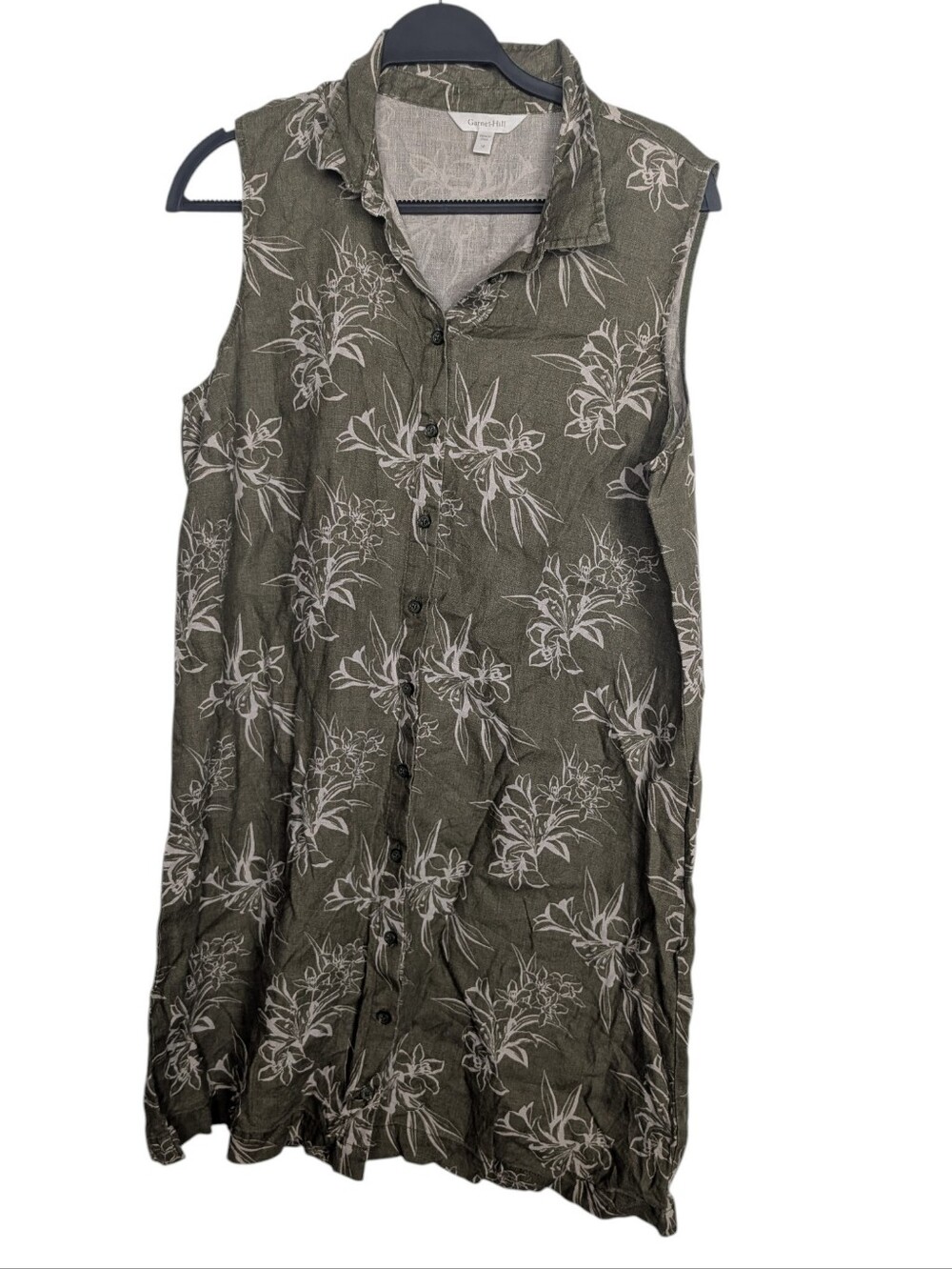 Garnet Hill Olive Green White Floral Collared 100% Linen Shirt Dress Size 16